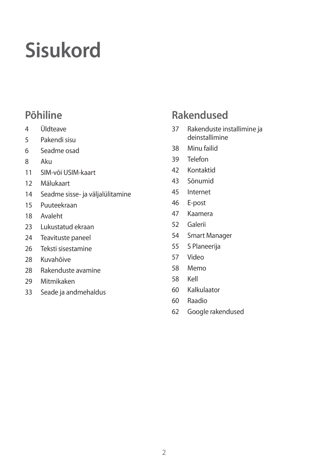 Samsung SM-T285NZKASEB manual Sisukord 