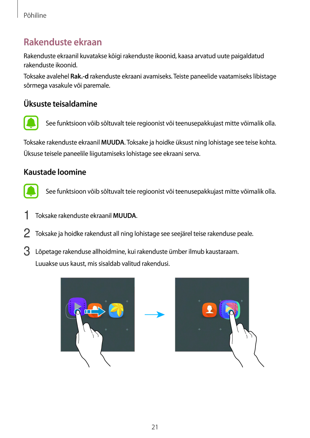 Samsung SM-T285NZKASEB manual Rakenduste ekraan, Üksuste teisaldamine 