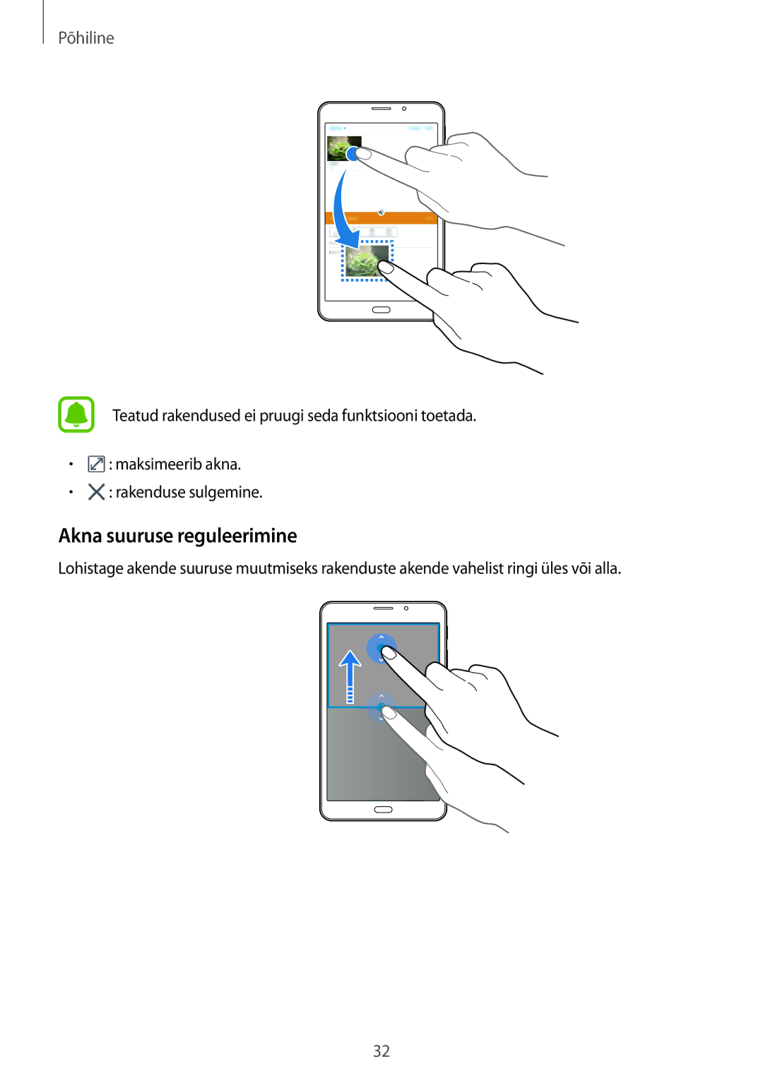 Samsung SM-T285NZKASEB manual Akna suuruse reguleerimine 