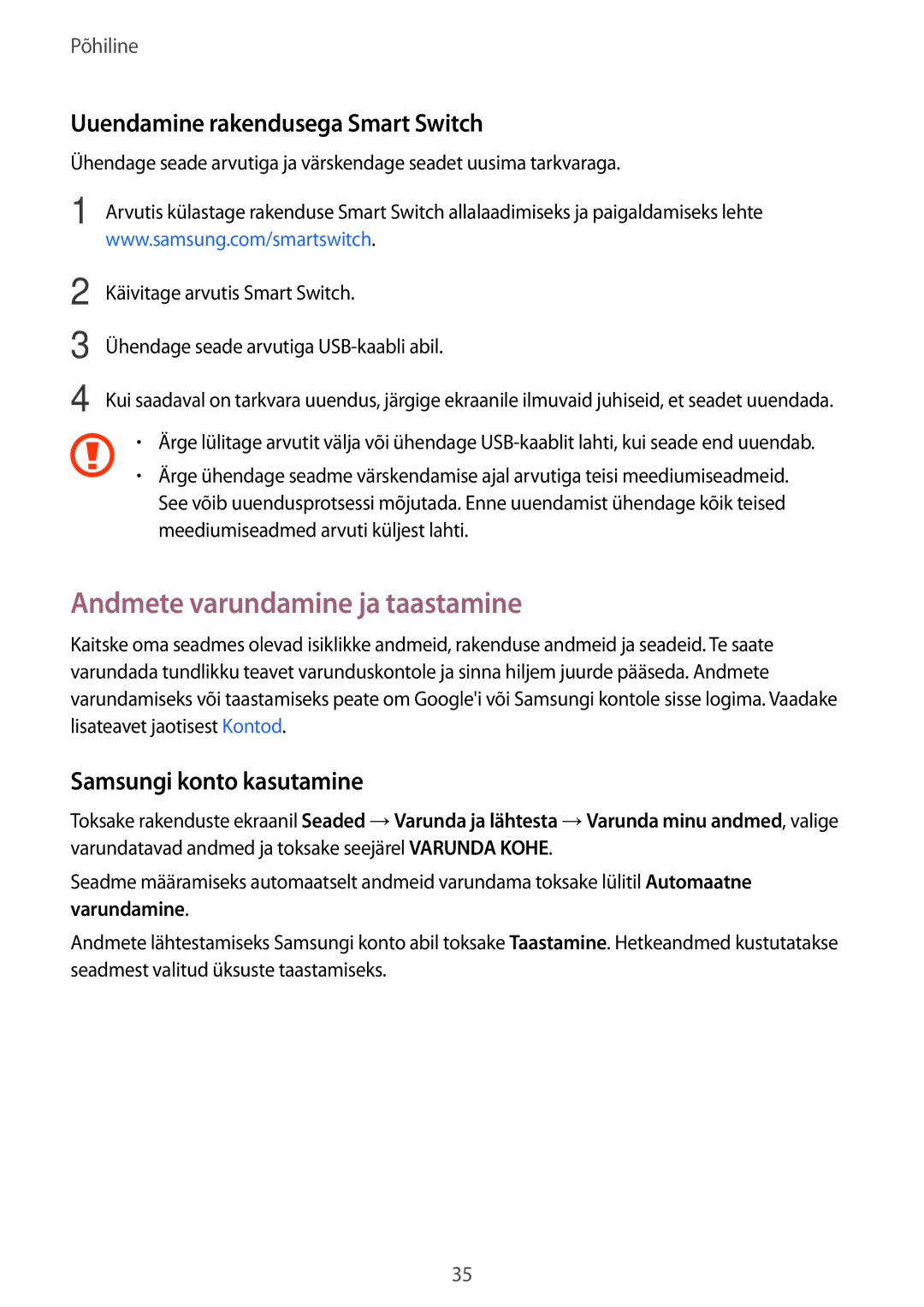 Samsung SM-T285NZKASEB Andmete varundamine ja taastamine, Uuendamine rakendusega Smart Switch, Samsungi konto kasutamine 