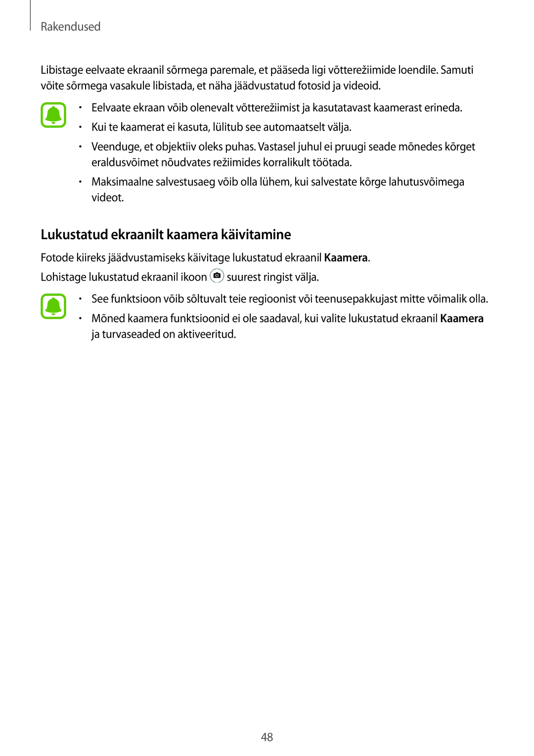 Samsung SM-T285NZKASEB manual Lukustatud ekraanilt kaamera käivitamine 