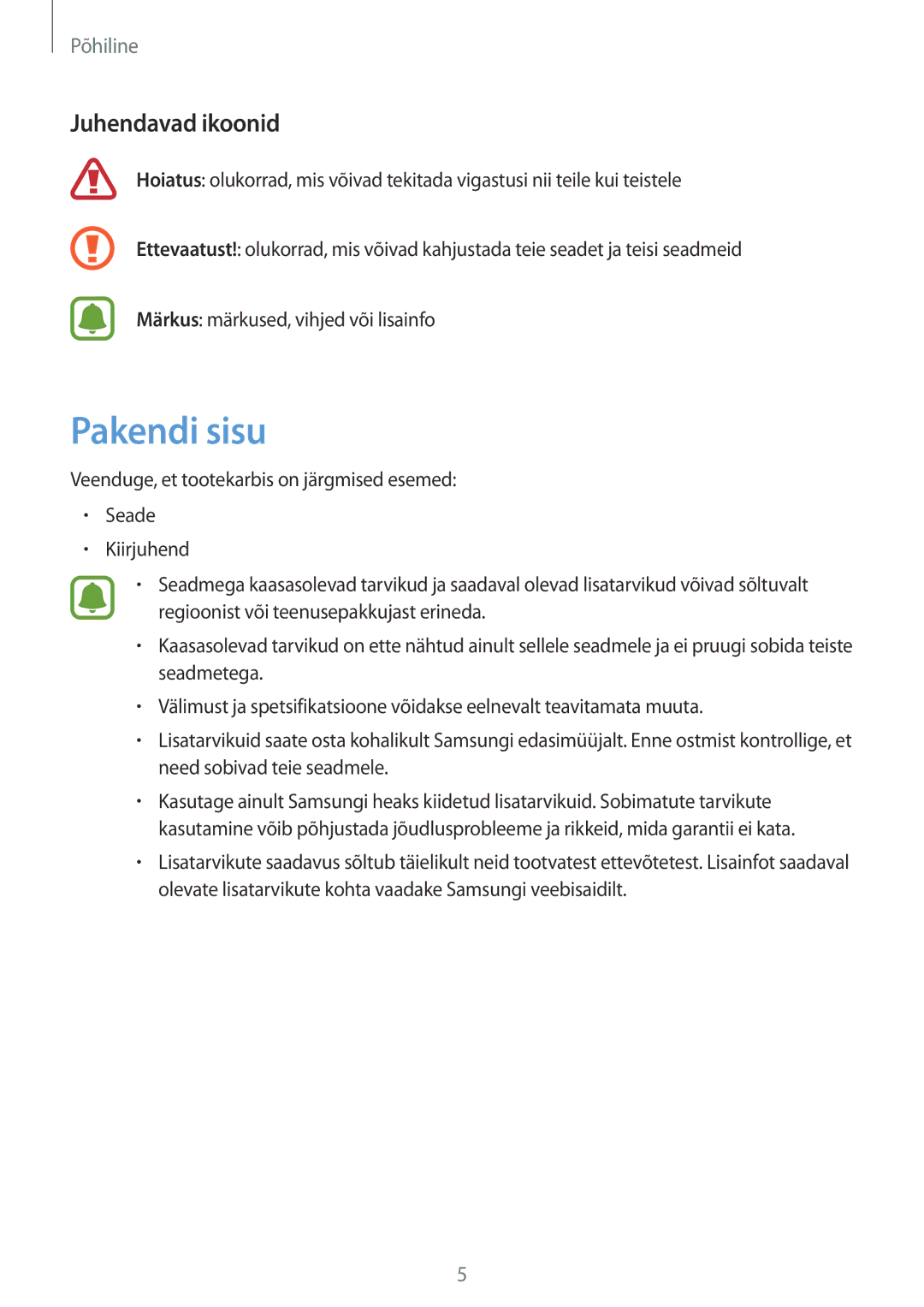 Samsung SM-T285NZKASEB manual Pakendi sisu, Juhendavad ikoonid 