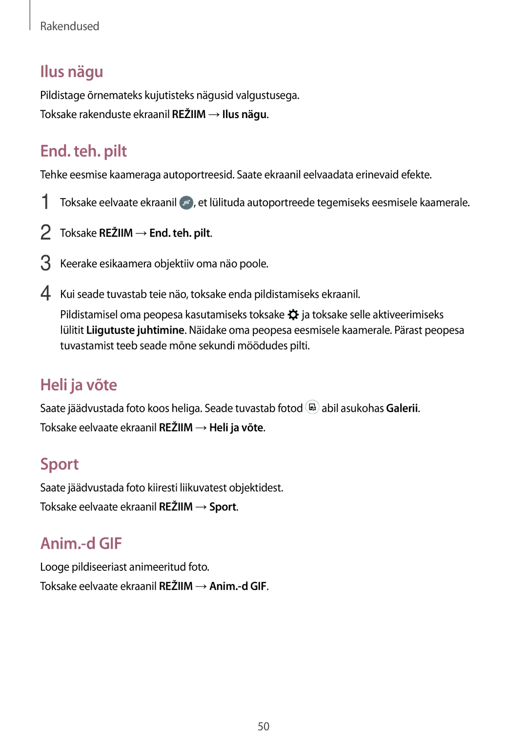 Samsung SM-T285NZKASEB manual Ilus nägu, End. teh. pilt, Heli ja võte, Sport, Anim.-d GIF 