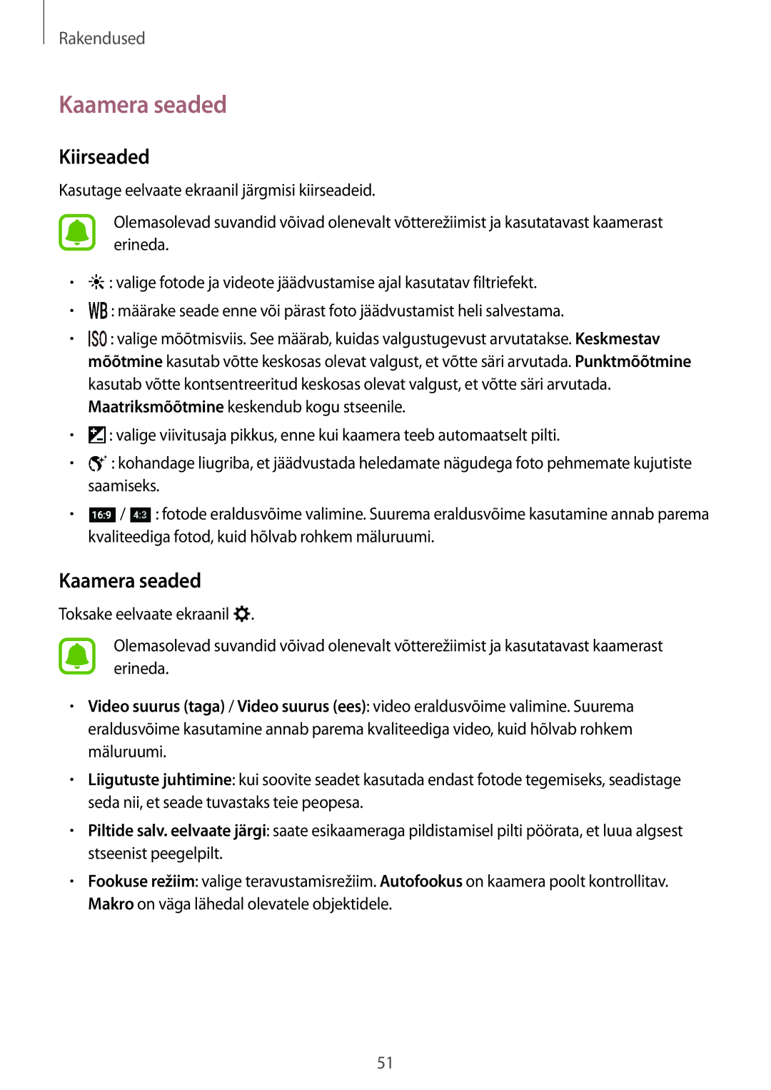 Samsung SM-T285NZKASEB manual Kaamera seaded, Kiirseaded 