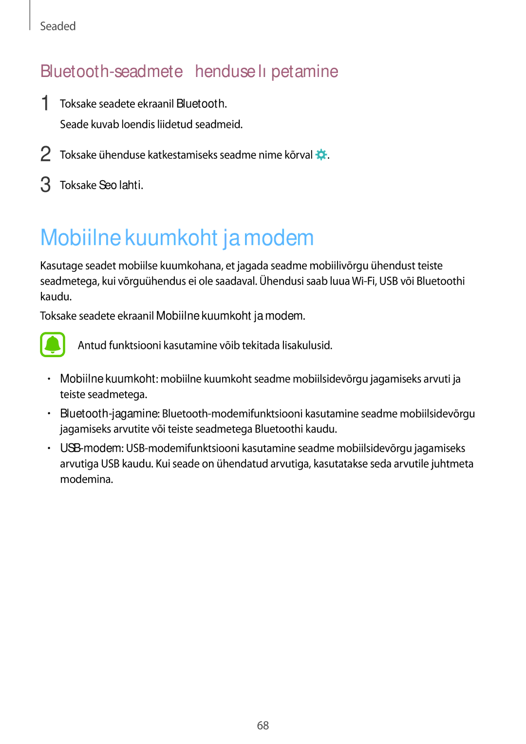 Samsung SM-T285NZKASEB manual Mobiilne kuumkoht ja modem, Bluetooth-seadmete ühenduse lõpetamine 