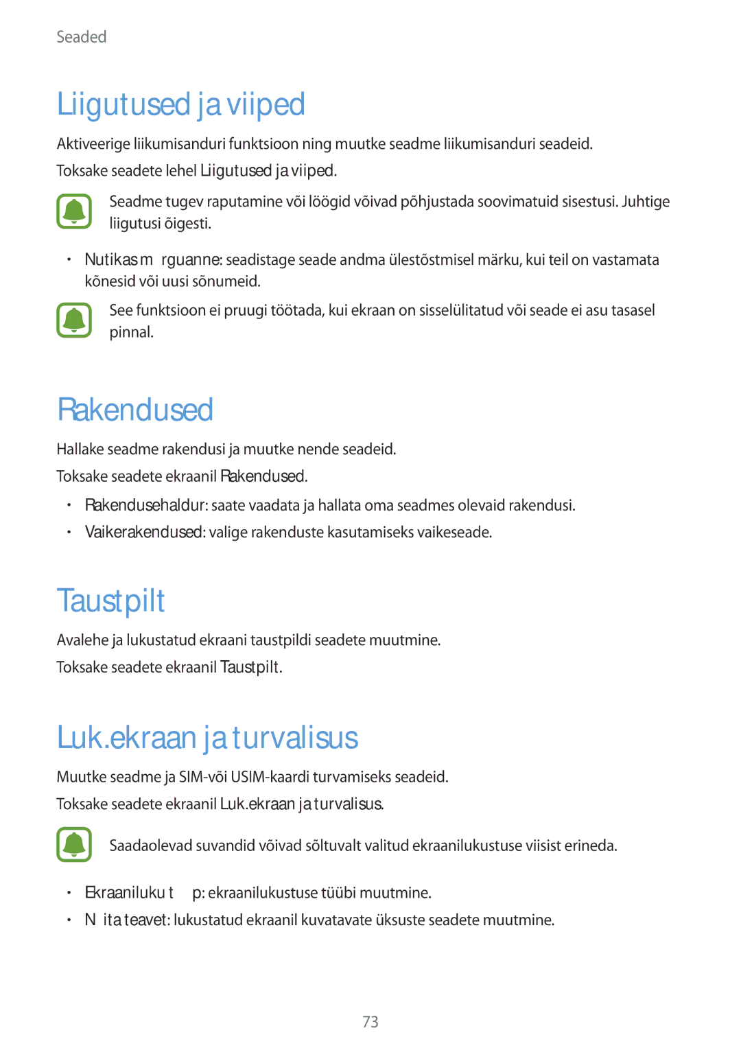 Samsung SM-T285NZKASEB manual Liigutused ja viiped, Rakendused, Taustpilt, Luk.ekraan ja turvalisus 