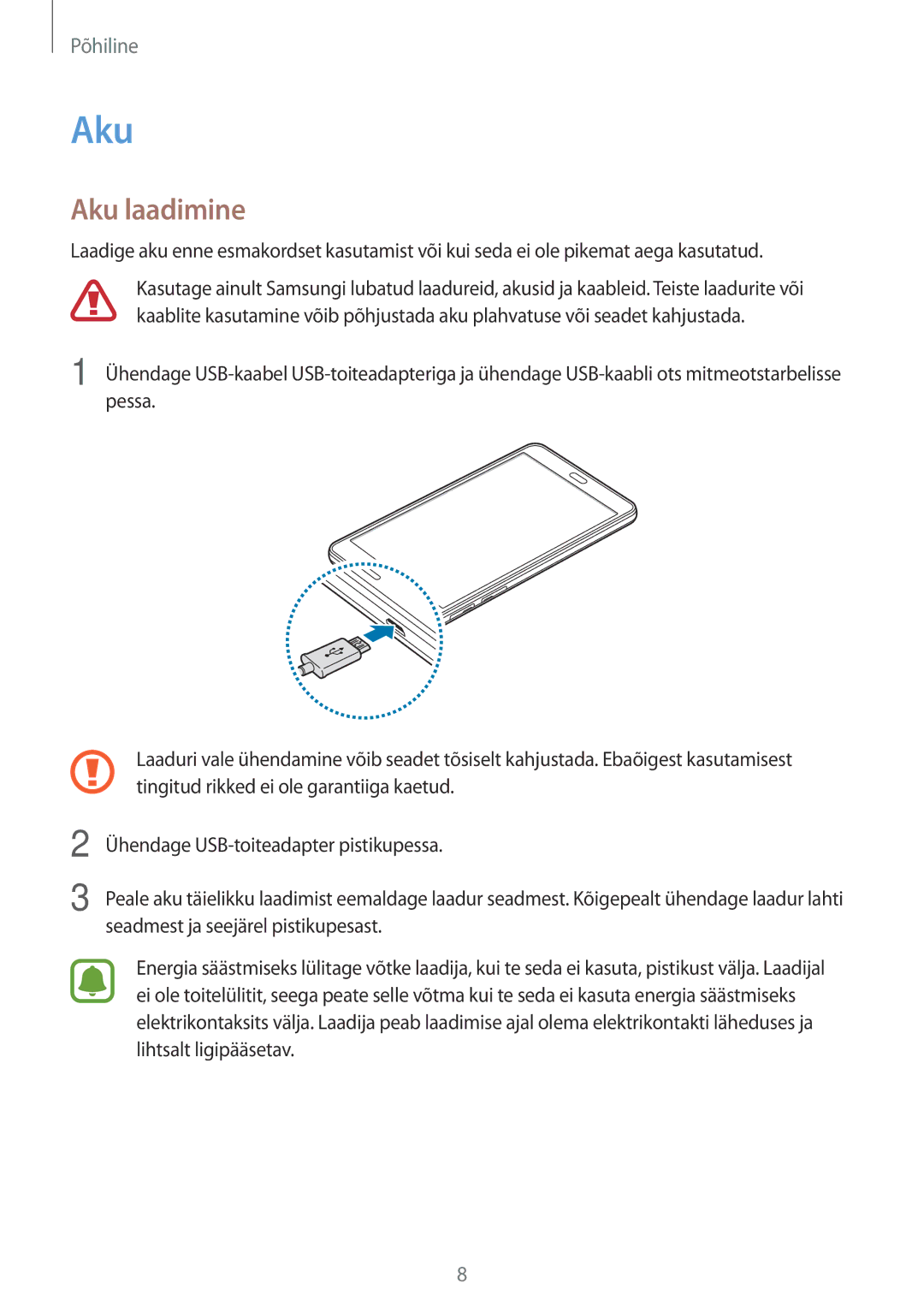 Samsung SM-T285NZKASEB manual Aku laadimine 