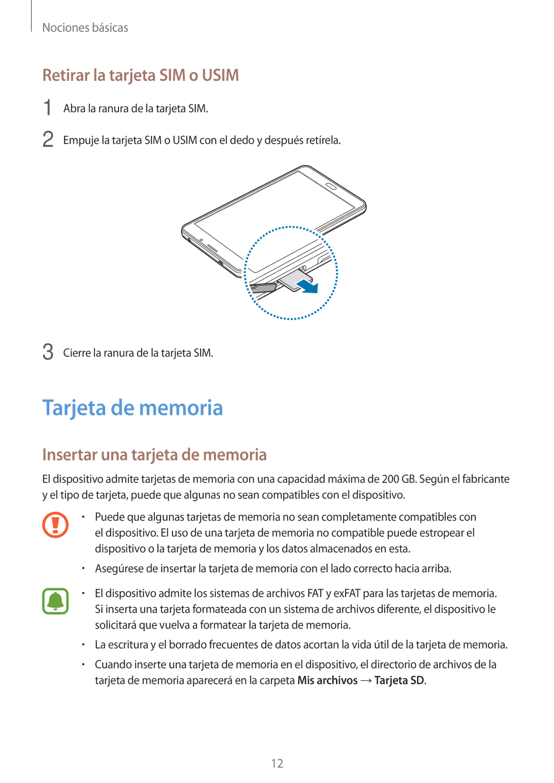 Samsung SM-T285NZKAXEO, SM-T285NZKAPHE Tarjeta de memoria, Retirar la tarjeta SIM o Usim, Insertar una tarjeta de memoria 