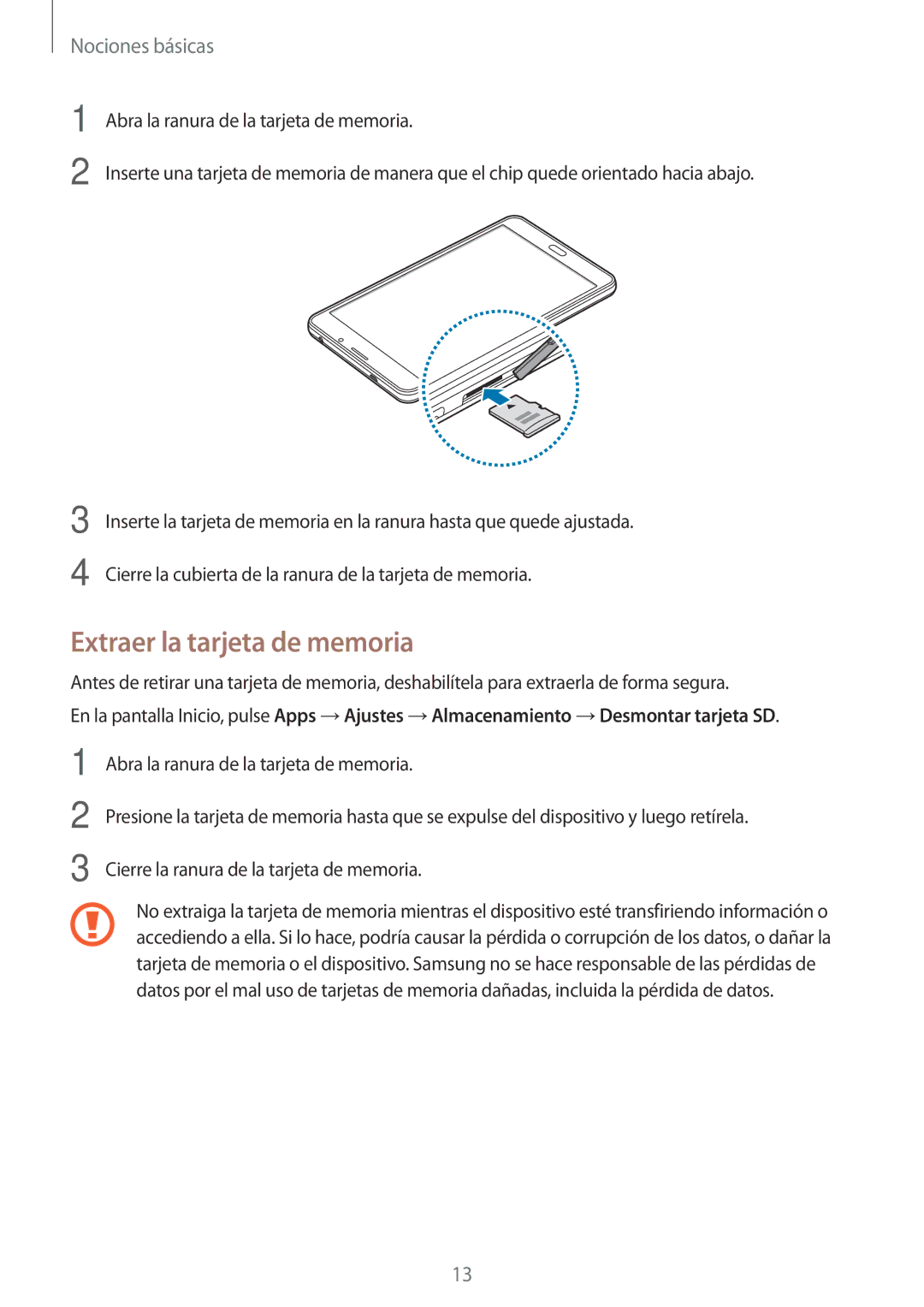 Samsung SM-T285NZKAPHE, SM-T285NZKAXEO, SM-T285NZWAPHE manual Extraer la tarjeta de memoria 