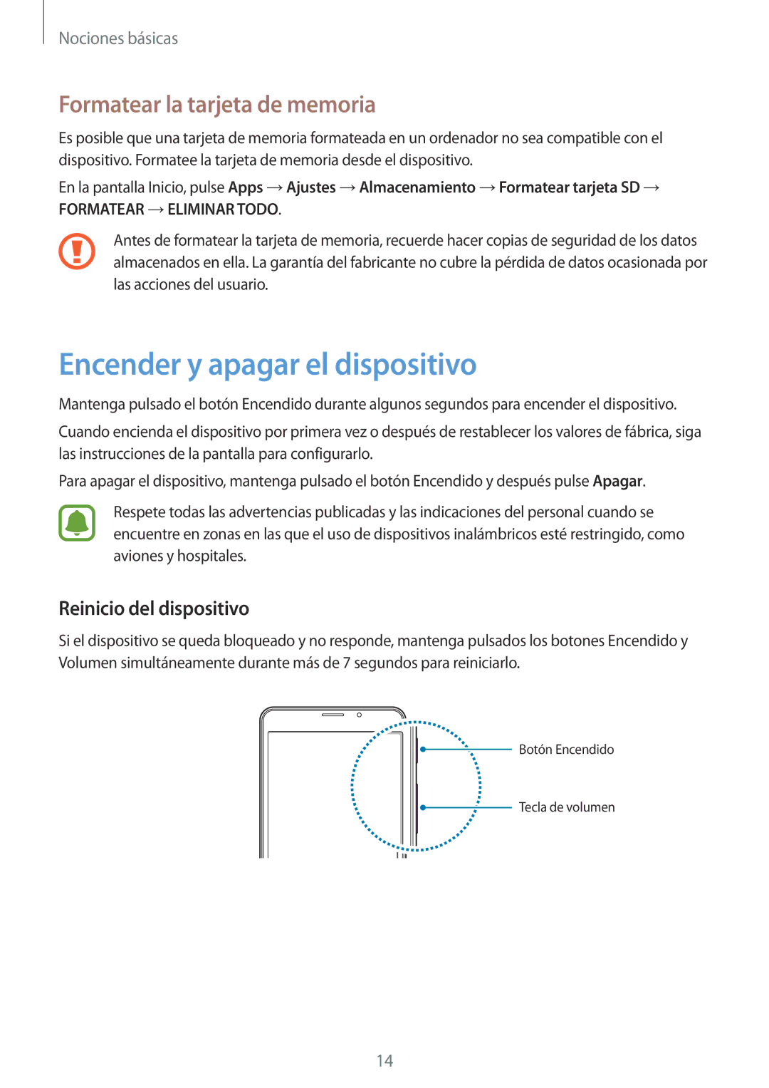 Samsung SM-T285NZWAPHE manual Encender y apagar el dispositivo, Formatear la tarjeta de memoria, Reinicio del dispositivo 