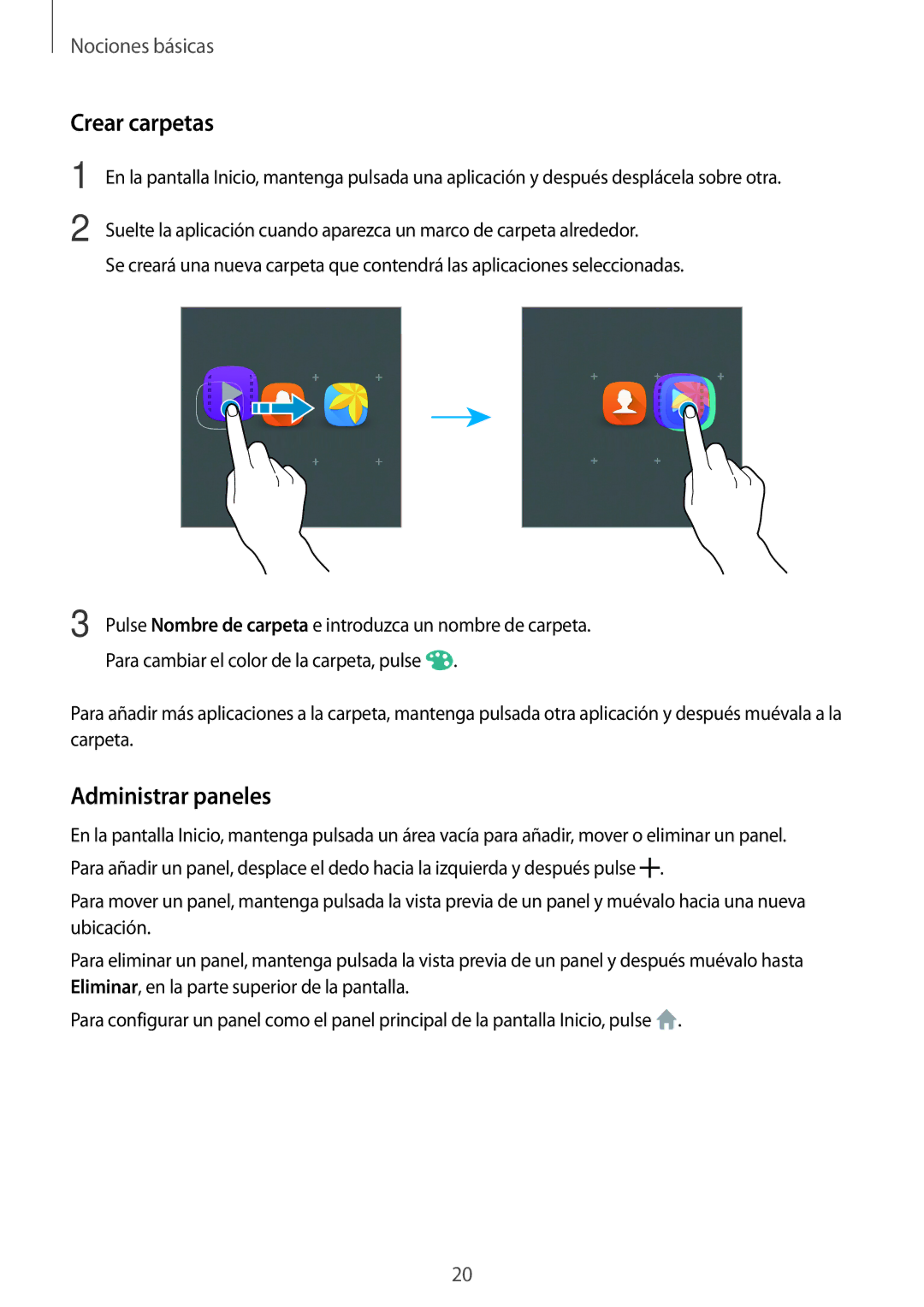 Samsung SM-T285NZWAPHE, SM-T285NZKAXEO, SM-T285NZKAPHE manual Crear carpetas, Administrar paneles 