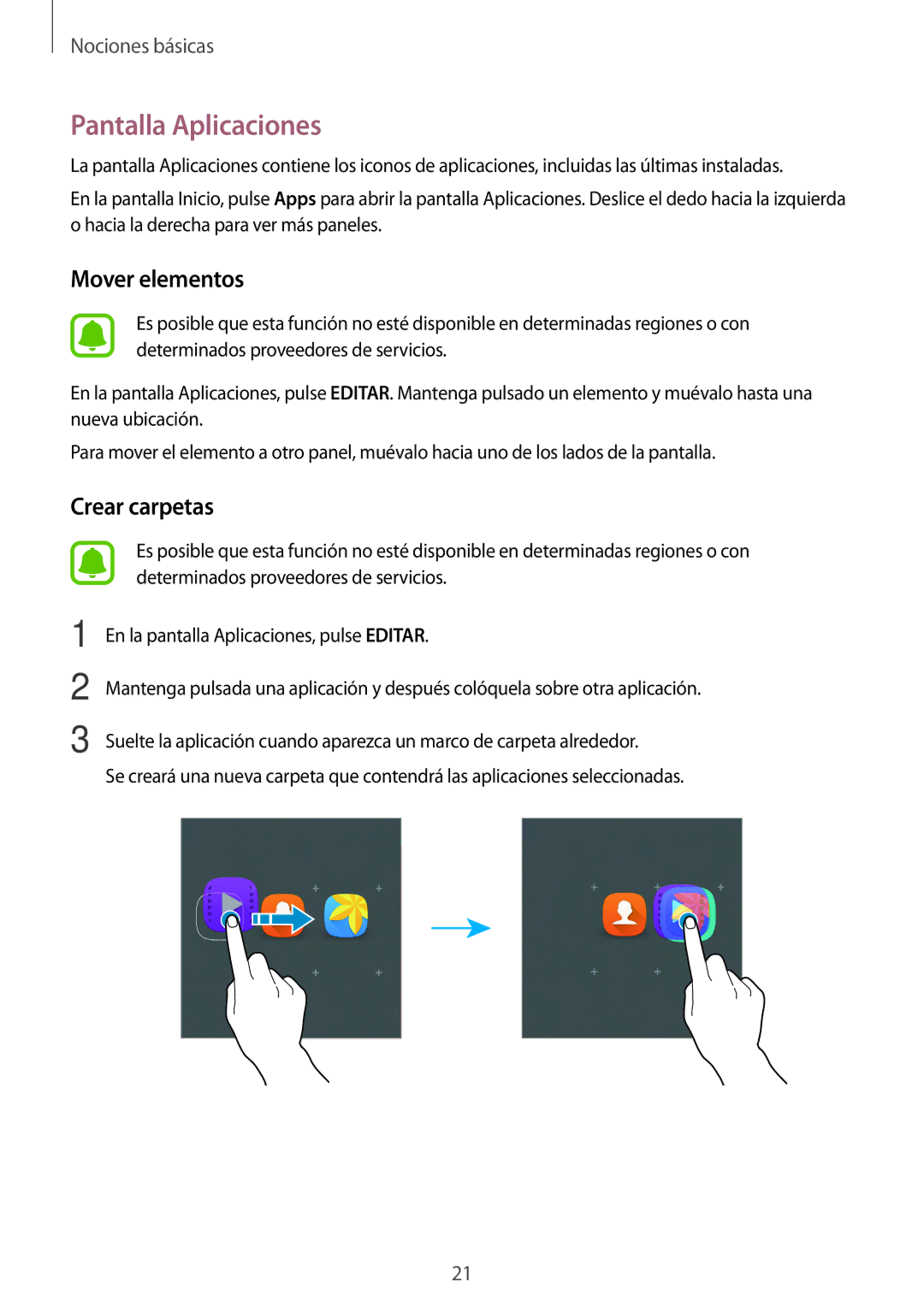 Samsung SM-T285NZKAXEO, SM-T285NZKAPHE, SM-T285NZWAPHE manual Pantalla Aplicaciones, Mover elementos 