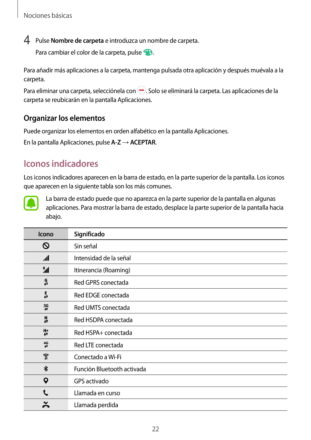 Samsung SM-T285NZKAPHE, SM-T285NZKAXEO, SM-T285NZWAPHE manual Iconos indicadores, Organizar los elementos 