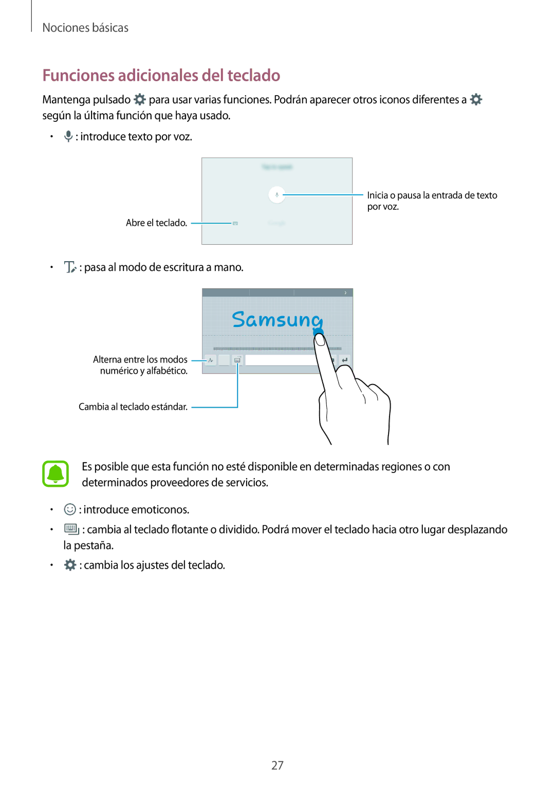 Samsung SM-T285NZKAXEO, SM-T285NZKAPHE, SM-T285NZWAPHE manual Funciones adicionales del teclado 