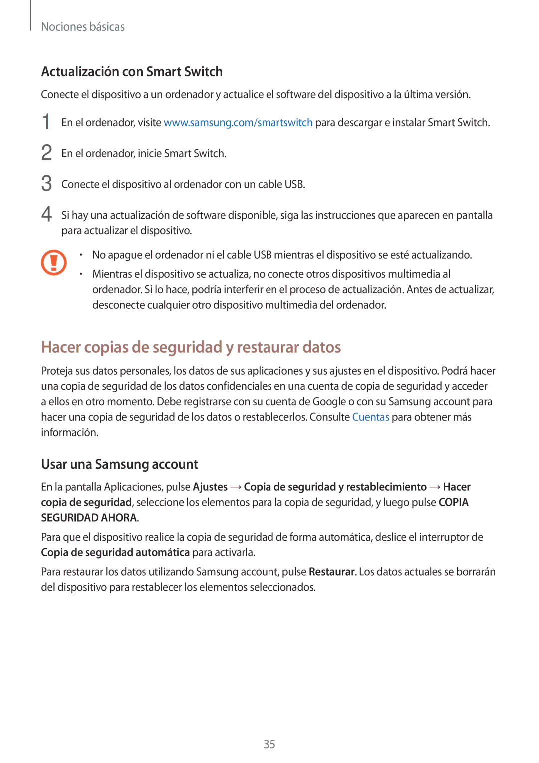 Samsung SM-T285NZWAPHE, SM-T285NZKAXEO manual Hacer copias de seguridad y restaurar datos, Actualización con Smart Switch 