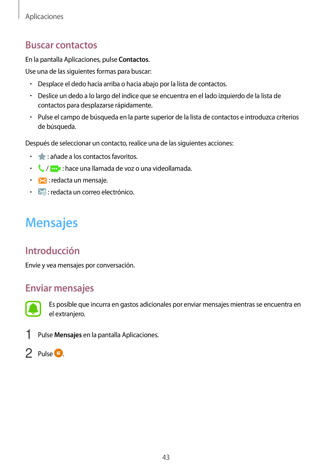 Samsung SM-T285NZKAPHE, SM-T285NZKAXEO, SM-T285NZWAPHE manual Mensajes, Buscar contactos, Enviar mensajes 
