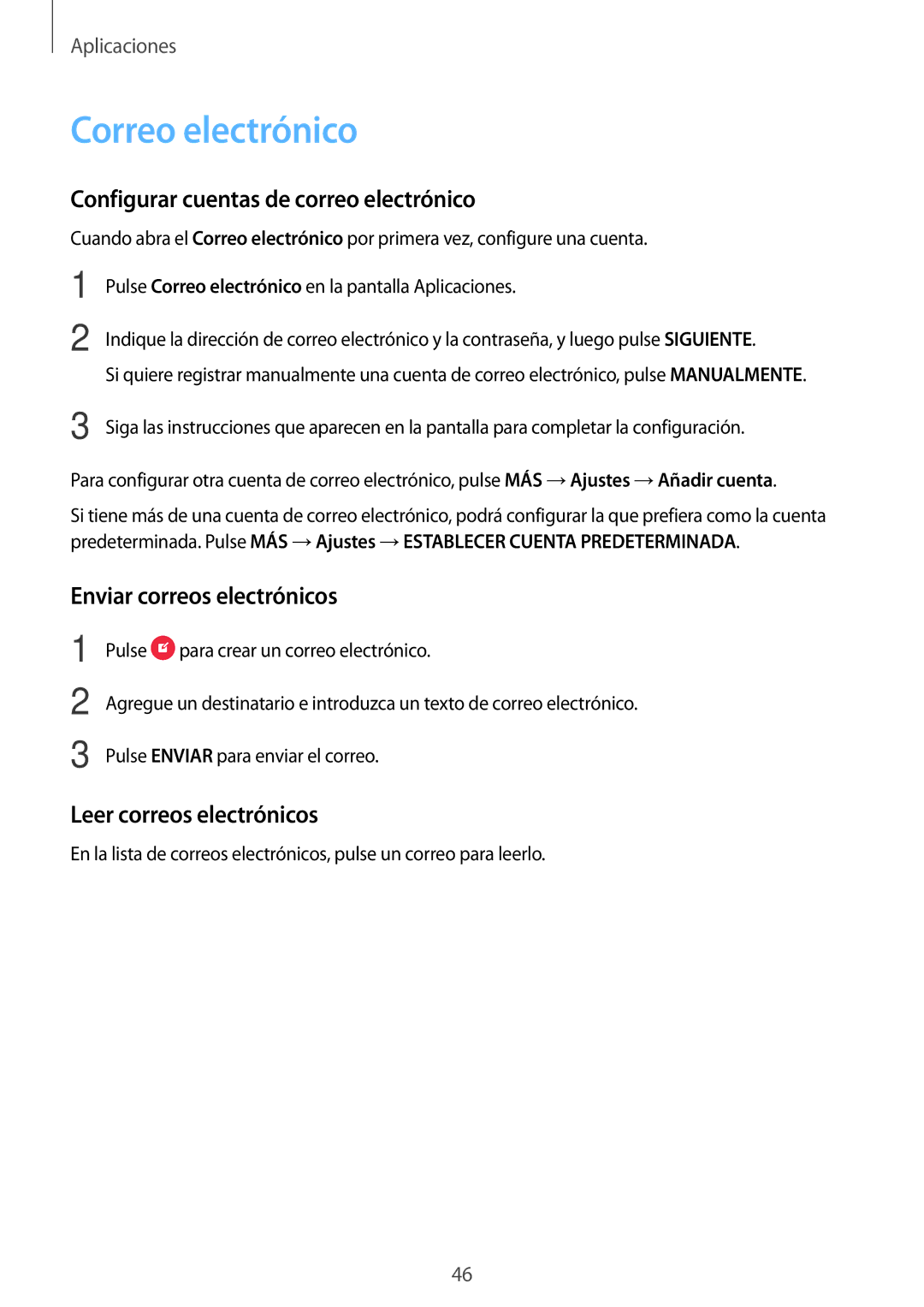 Samsung SM-T285NZKAPHE manual Correo electrónico, Configurar cuentas de correo electrónico, Enviar correos electrónicos 