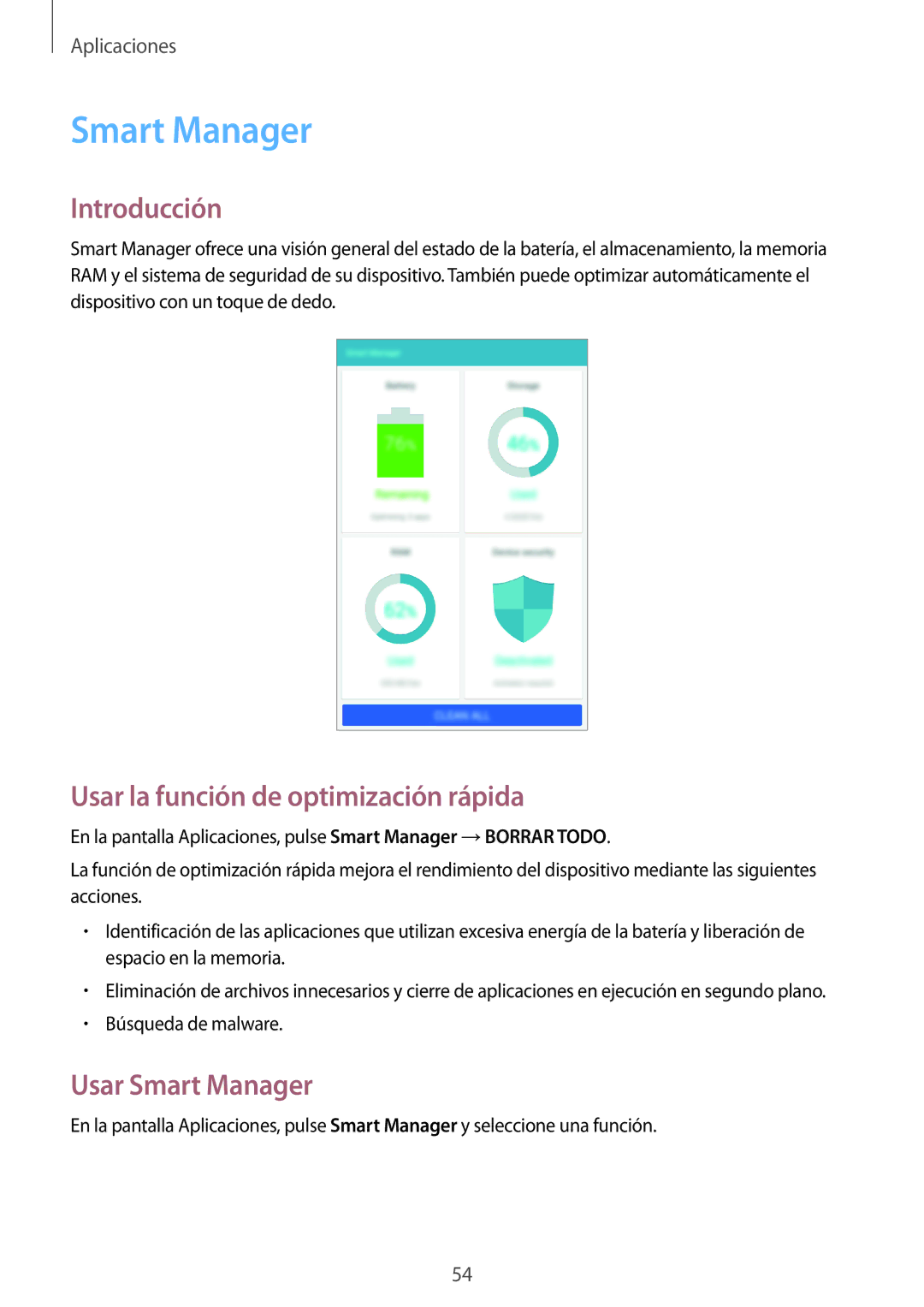 Samsung SM-T285NZKAXEO, SM-T285NZKAPHE, SM-T285NZWAPHE manual Usar la función de optimización rápida, Usar Smart Manager 