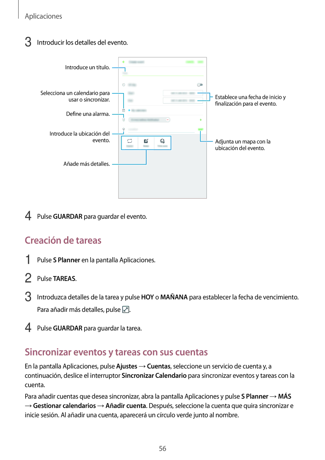 Samsung SM-T285NZWAPHE, SM-T285NZKAXEO, SM-T285NZKAPHE Creación de tareas, Sincronizar eventos y tareas con sus cuentas 