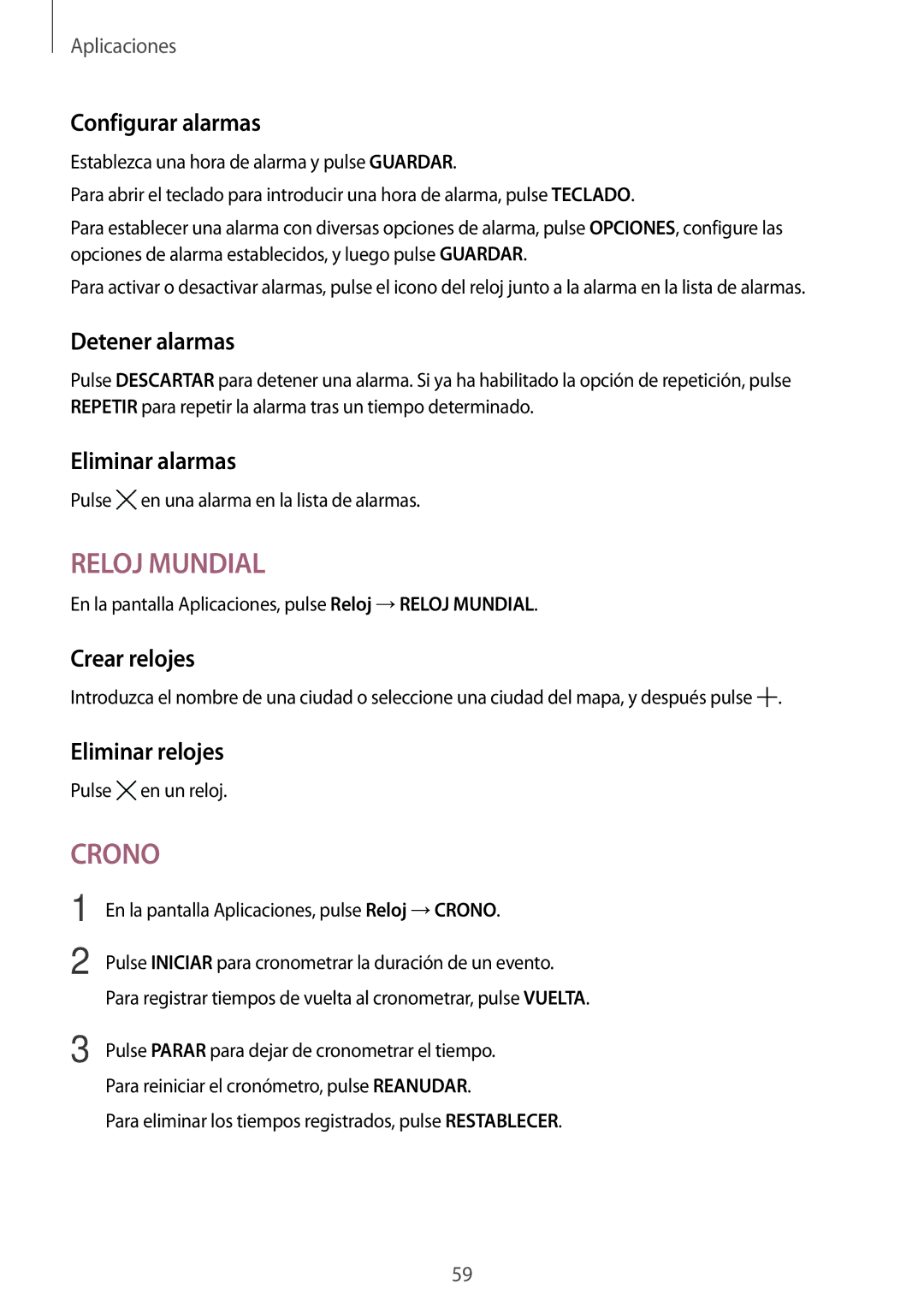 Samsung SM-T285NZWAPHE manual Configurar alarmas, Detener alarmas, Eliminar alarmas, Crear relojes, Eliminar relojes 