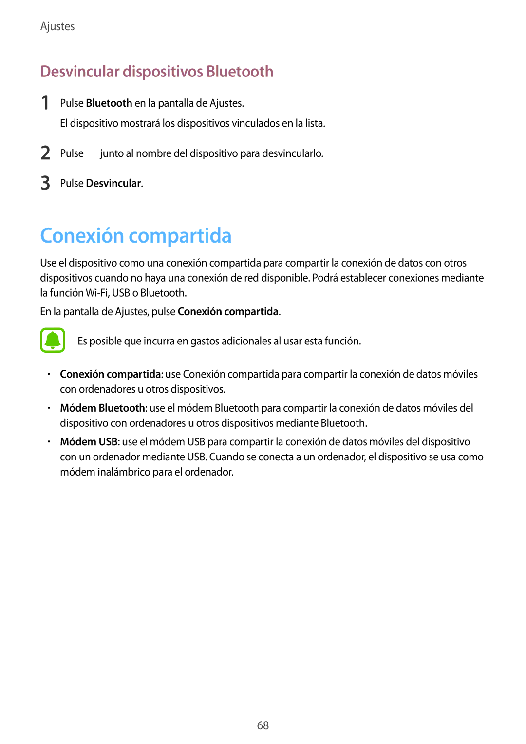 Samsung SM-T285NZWAPHE, SM-T285NZKAXEO, SM-T285NZKAPHE manual Conexión compartida, Desvincular dispositivos Bluetooth 