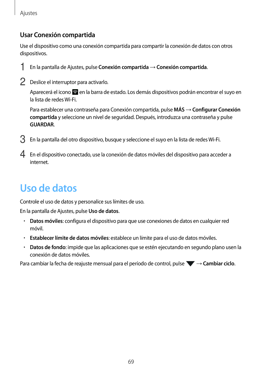 Samsung SM-T285NZKAXEO, SM-T285NZKAPHE, SM-T285NZWAPHE manual Uso de datos, Usar Conexión compartida 