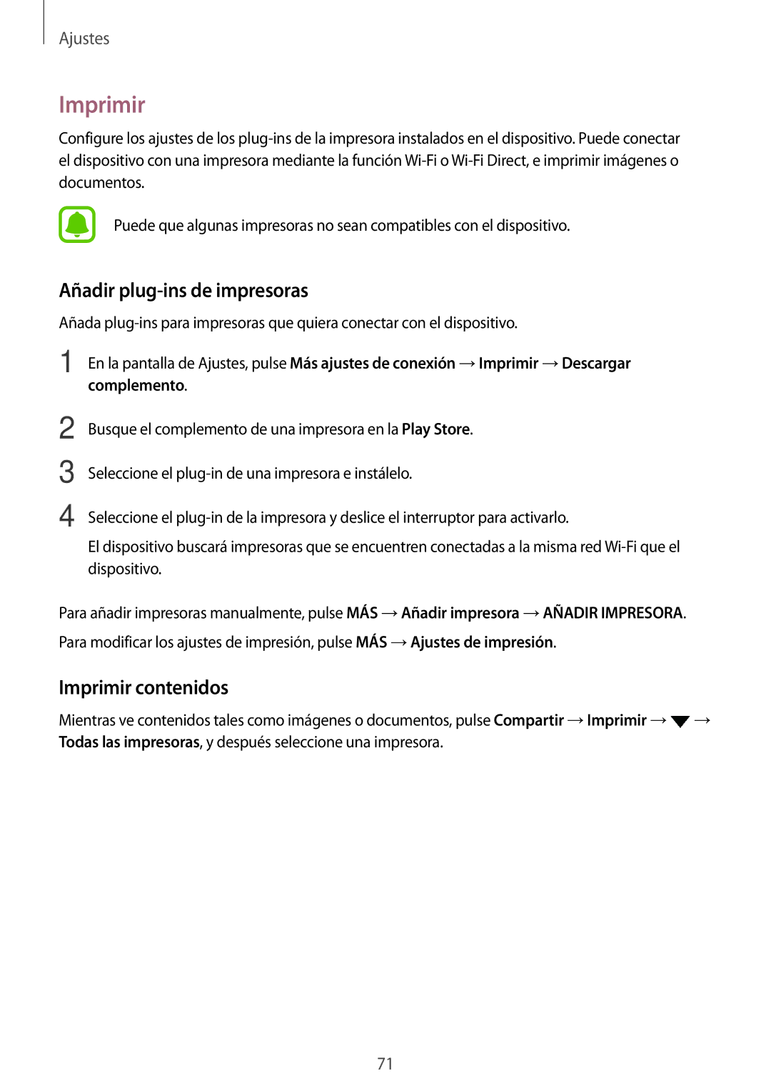 Samsung SM-T285NZWAPHE, SM-T285NZKAXEO, SM-T285NZKAPHE manual Añadir plug-ins de impresoras, Imprimir contenidos 