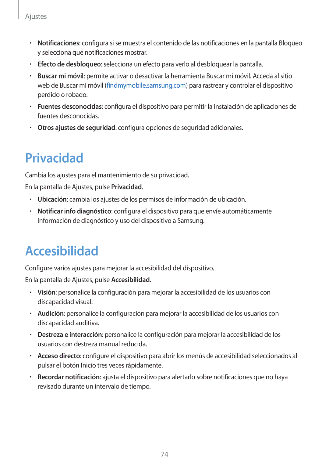 Samsung SM-T285NZWAPHE, SM-T285NZKAXEO, SM-T285NZKAPHE manual Privacidad, Accesibilidad 