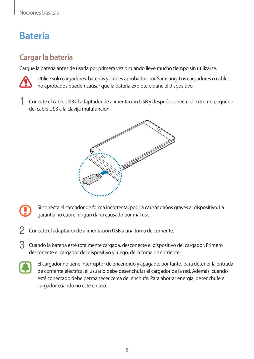 Samsung SM-T285NZWAPHE, SM-T285NZKAXEO, SM-T285NZKAPHE manual Batería, Cargar la batería 