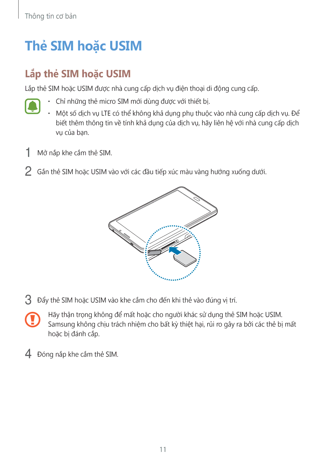 Samsung SM-T285NZWAXXV, SM-T285NZKAXXV manual Thẻ SIM hoặc Usim, Lắp thẻ SIM hoặc Usim 