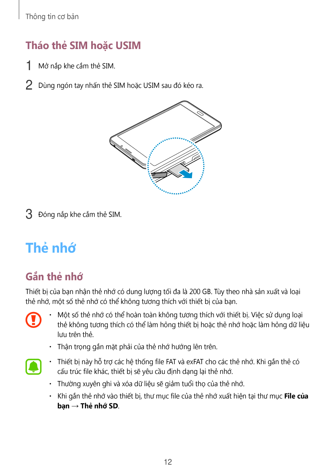 Samsung SM-T285NZKAXXV, SM-T285NZWAXXV manual Thẻ nhớ, Tháo thẻ SIM hoặc Usim, Gắn thẻ nhớ 