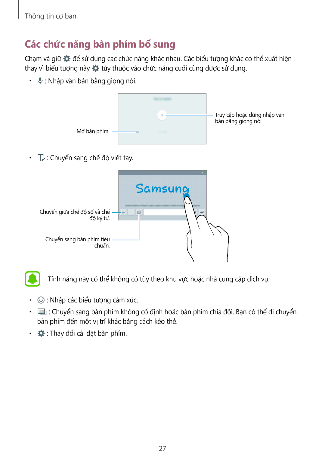 Samsung SM-T285NZWAXXV, SM-T285NZKAXXV manual Các chức năng bà̀n phím bổ sung 