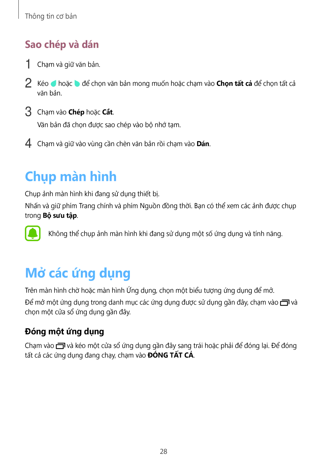 Samsung SM-T285NZKAXXV, SM-T285NZWAXXV manual Chụp mà̀n hình, Mở các ứng dụng, Sao chép và̀ dán, Đóng một ứng dụng 