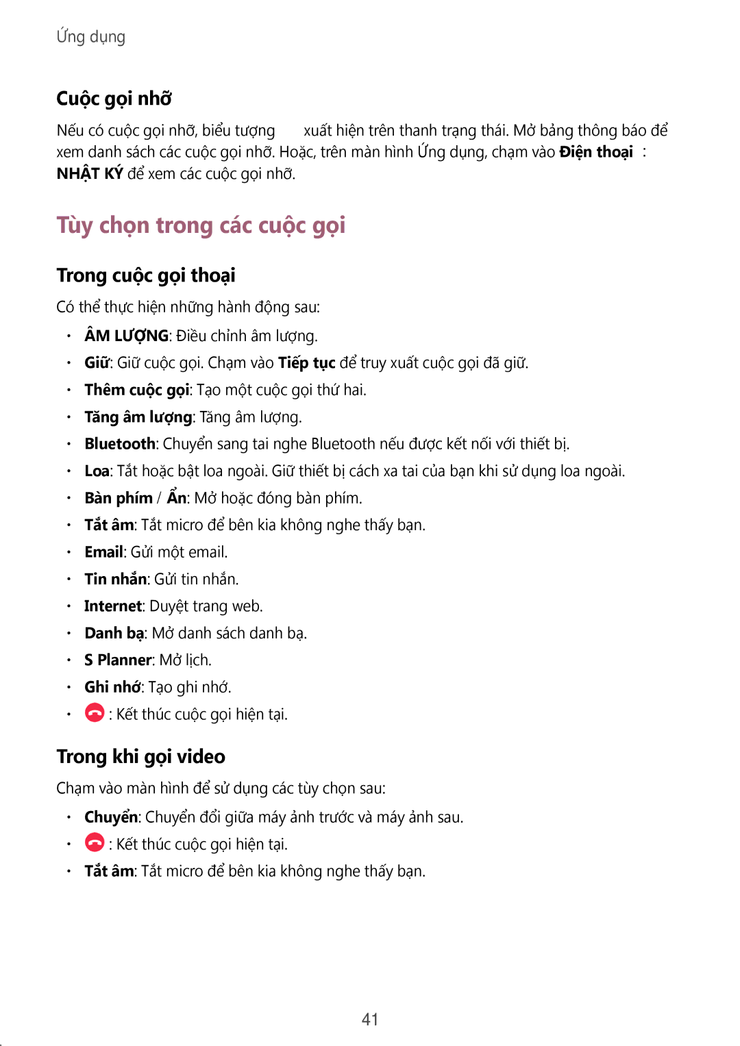 Samsung SM-T285NZWAXXV manual Tùy chọn trong các cuộc gọi, Cuộc gọi nhỡ, Trong cuộc gọi thoại, Trong khi gọi video 