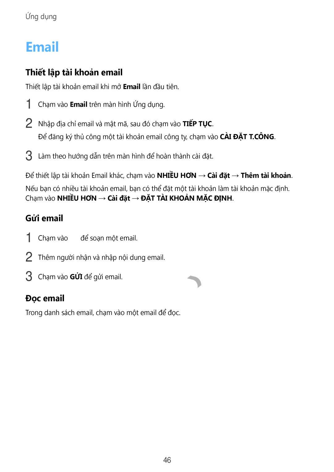 Samsung SM-T285NZKAXXV, SM-T285NZWAXXV manual Thiết lập tà̀i khoản email, Gửi email, Đọc email 
