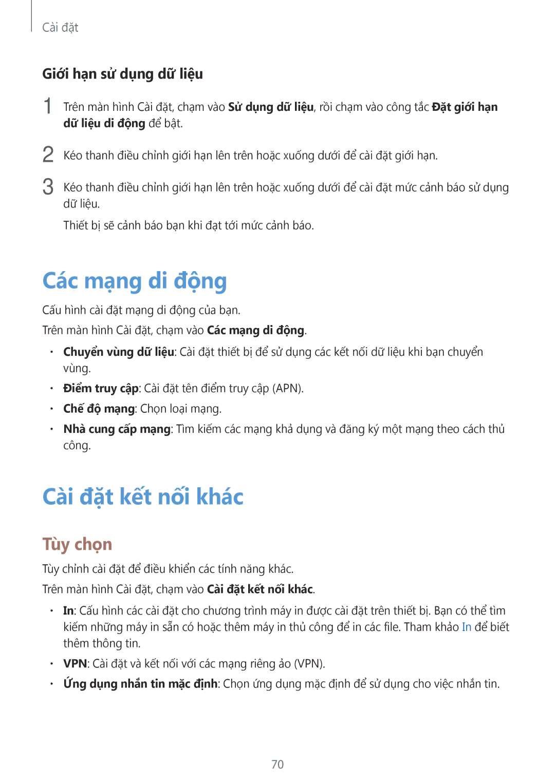 Samsung SM-T285NZKAXXV, SM-T285NZWAXXV manual Các mạng di động, Cà̀i đặt kết nối khác, Tùy chọn, Giới hạn sử dụng dữ liệu 