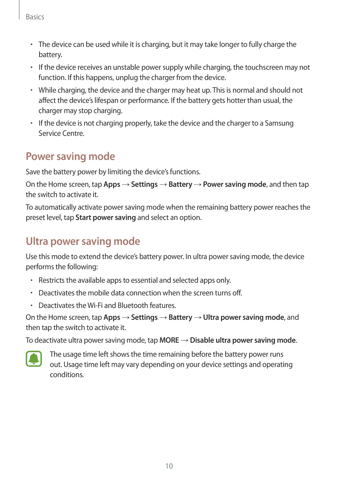 Samsung SM-T285NZWAXXV, SM-T285NZSAKSA, SM-T285NZKAKSA, SM-T285NZWAKSA manual Power saving mode, Ultra power saving mode 