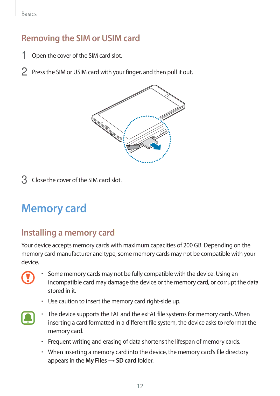 Samsung SM-T285NZSAKSA, SM-T285NZKAKSA, SM-T285NZWAKSA Memory card, Removing the SIM or Usim card, Installing a memory card 