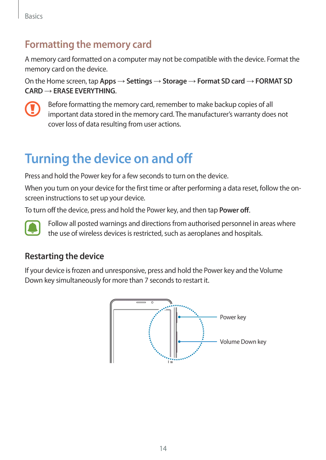 Samsung SM-T285NZWAKSA, SM-T285NZSAKSA Turning the device on and off, Formatting the memory card, Restarting the device 