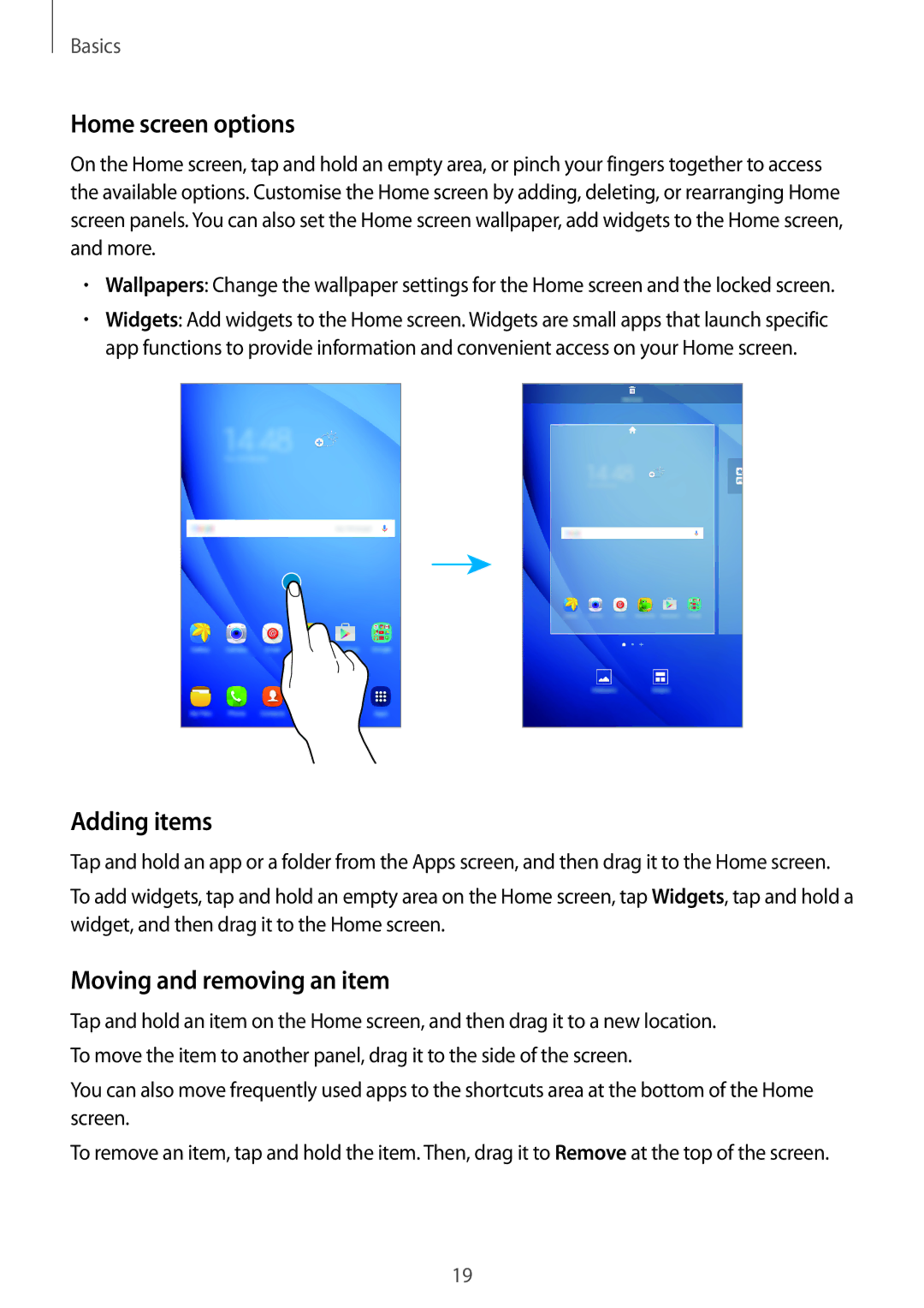 Samsung SM-T285NZKAKSA, SM-T285NZSAKSA, SM-T285NZWAKSA manual Home screen options, Adding items, Moving and removing an item 