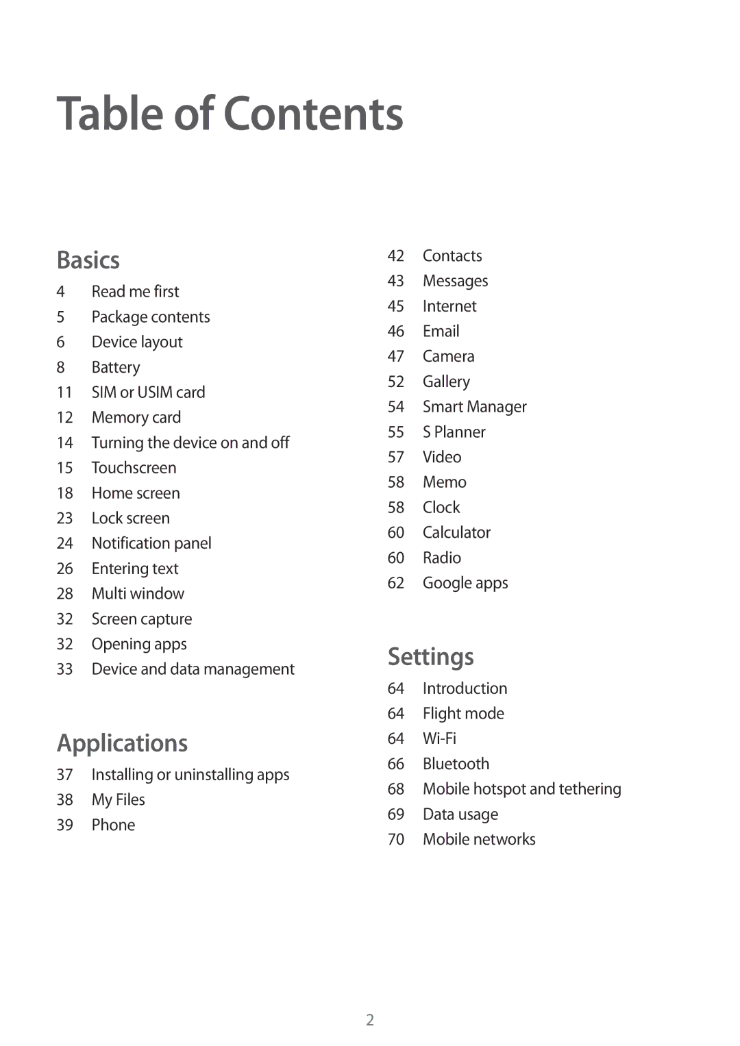 Samsung SM-T285NZWAKSA, SM-T285NZSAKSA, SM-T285NZKAKSA, SM-T285NZKAXXV, SM-T285NZWAXXV, SM-T285NZKABGL manual Table of Contents 