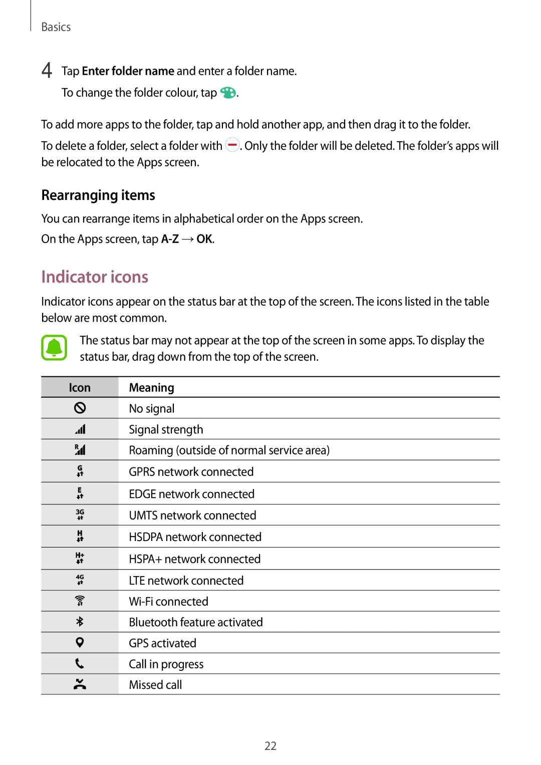 Samsung SM-T285NZWAXXV, SM-T285NZSAKSA, SM-T285NZKAKSA, SM-T285NZWAKSA, SM-T285NZKAXXV Indicator icons, Rearranging items 