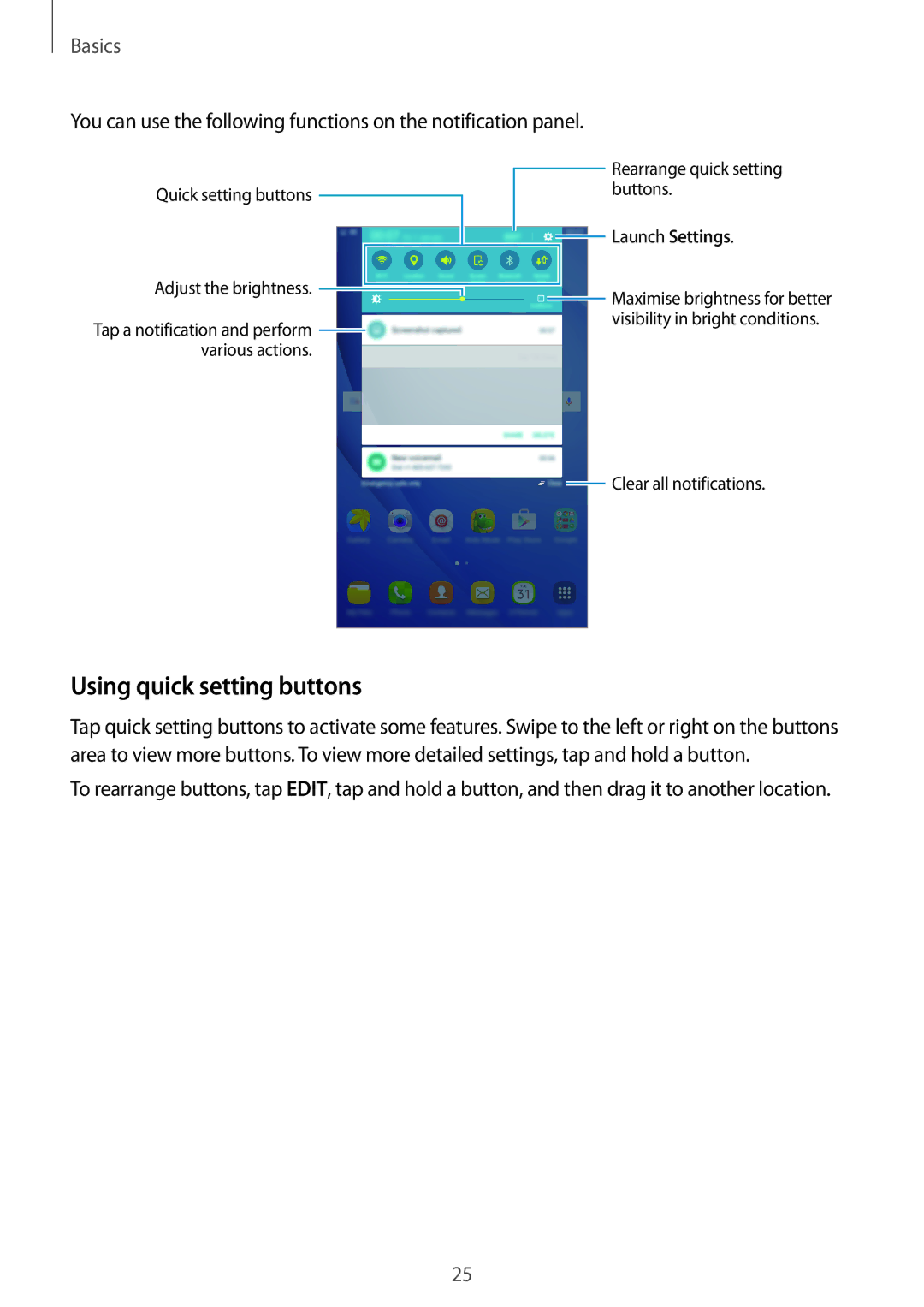 Samsung SM-T285NZKAKSA, SM-T285NZSAKSA, SM-T285NZWAKSA, SM-T285NZKAXXV, SM-T285NZWAXXV manual Using quick setting buttons 