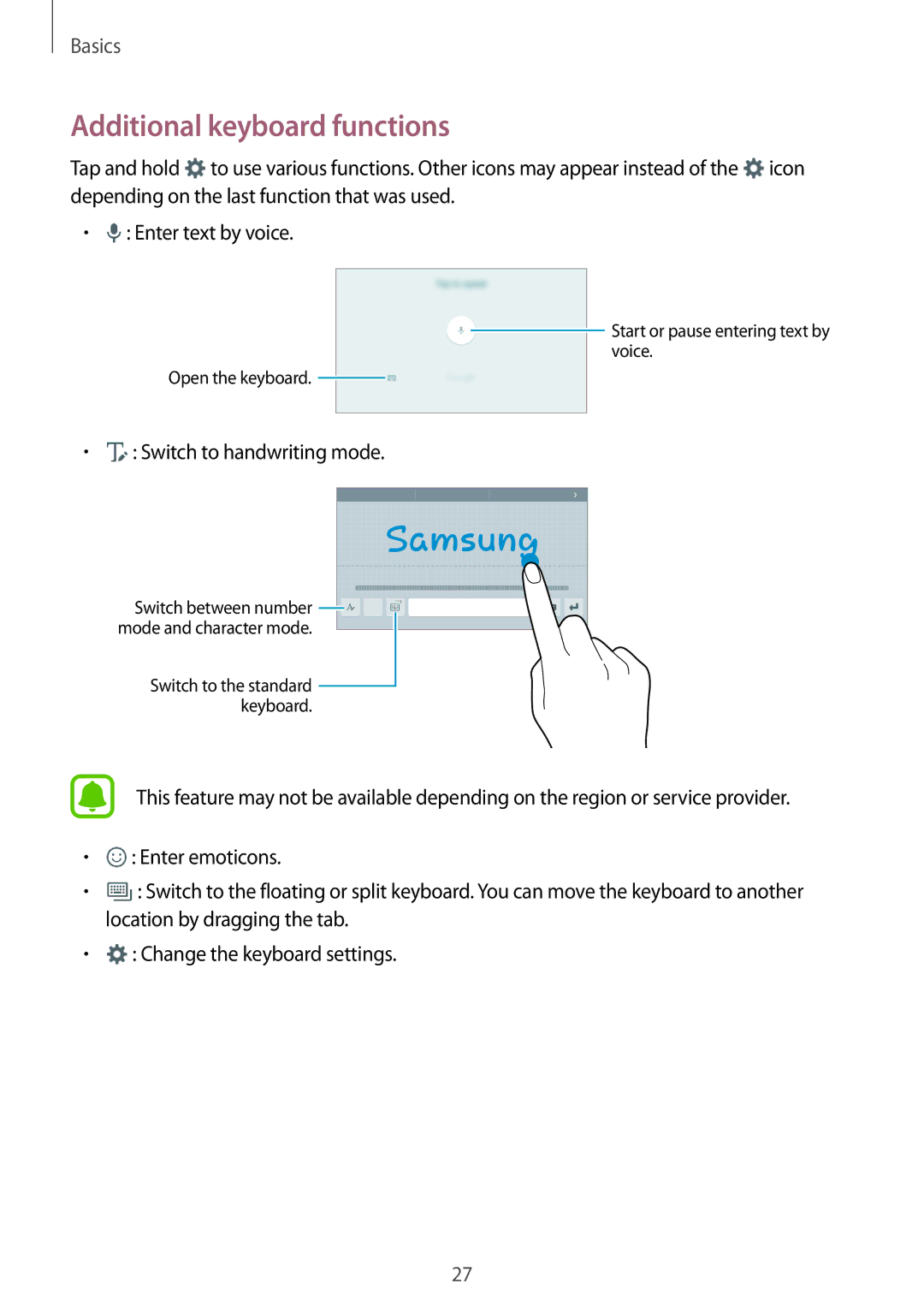 Samsung SM-T285NZKAXXV, SM-T285NZSAKSA, SM-T285NZKAKSA, SM-T285NZWAKSA, SM-T285NZWAXXV manual Additional keyboard functions 