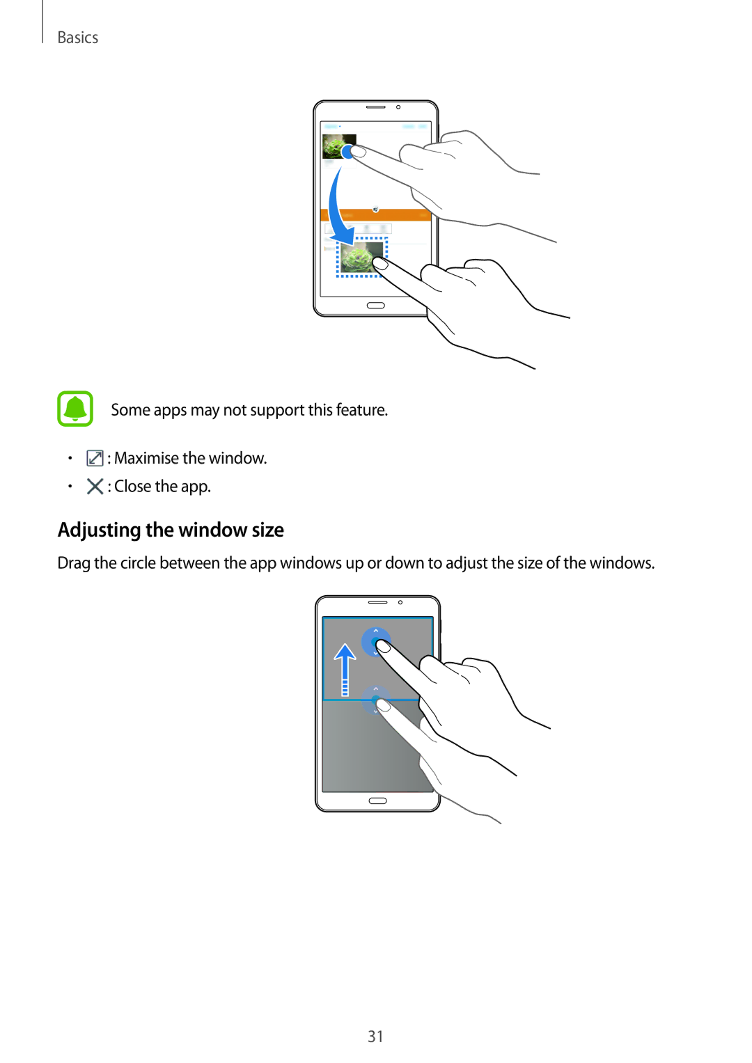 Samsung SM-T285NZKAKSA, SM-T285NZSAKSA, SM-T285NZWAKSA, SM-T285NZKAXXV, SM-T285NZWAXXV manual Adjusting the window size 