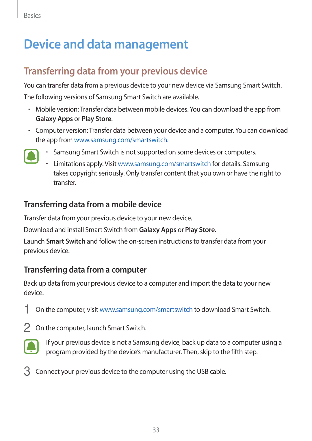 Samsung SM-T285NZKAXXV, SM-T285NZSAKSA manual Device and data management, Transferring data from your previous device 