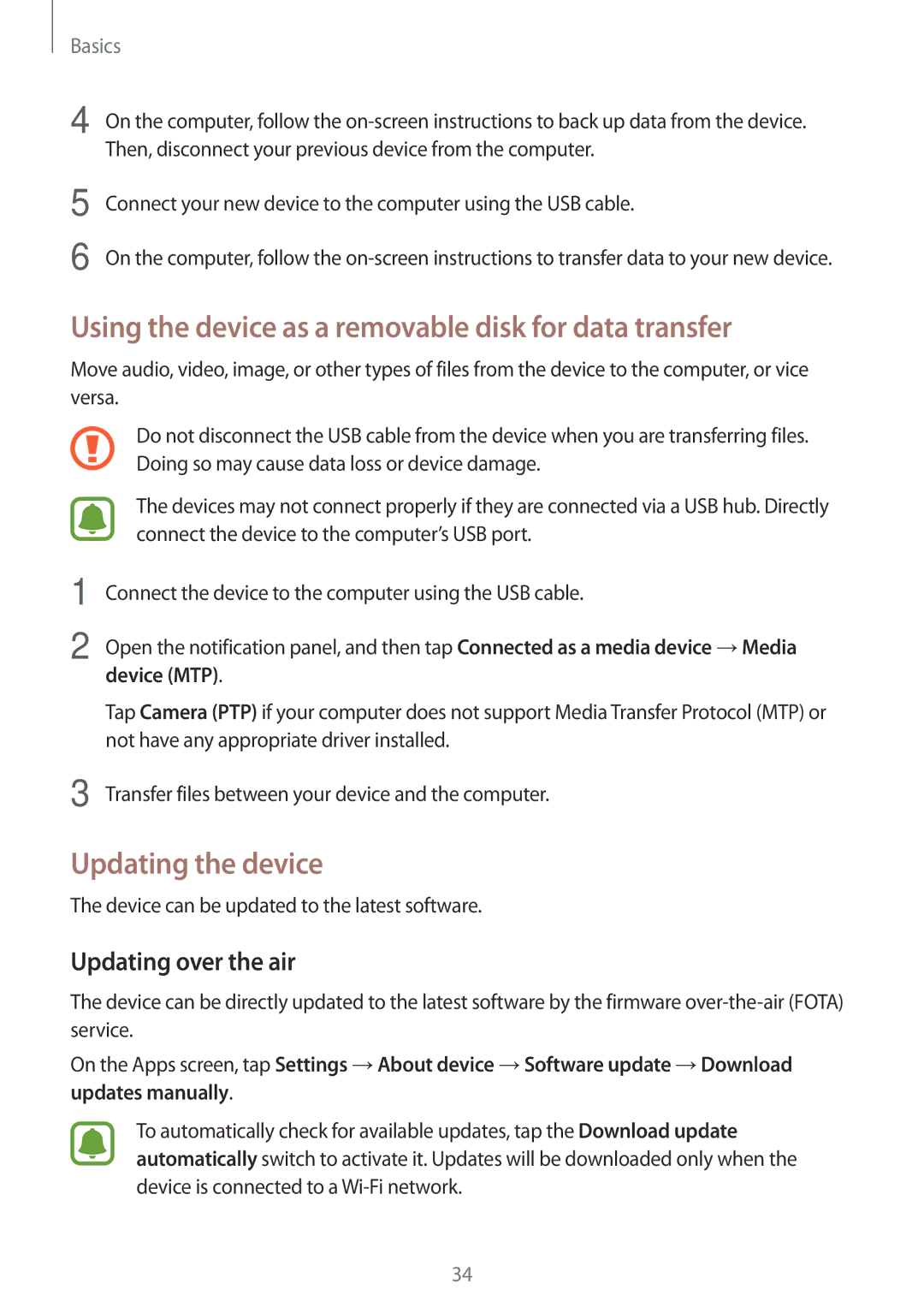 Samsung SM-T285NZWAXXV Using the device as a removable disk for data transfer, Updating the device, Updating over the air 