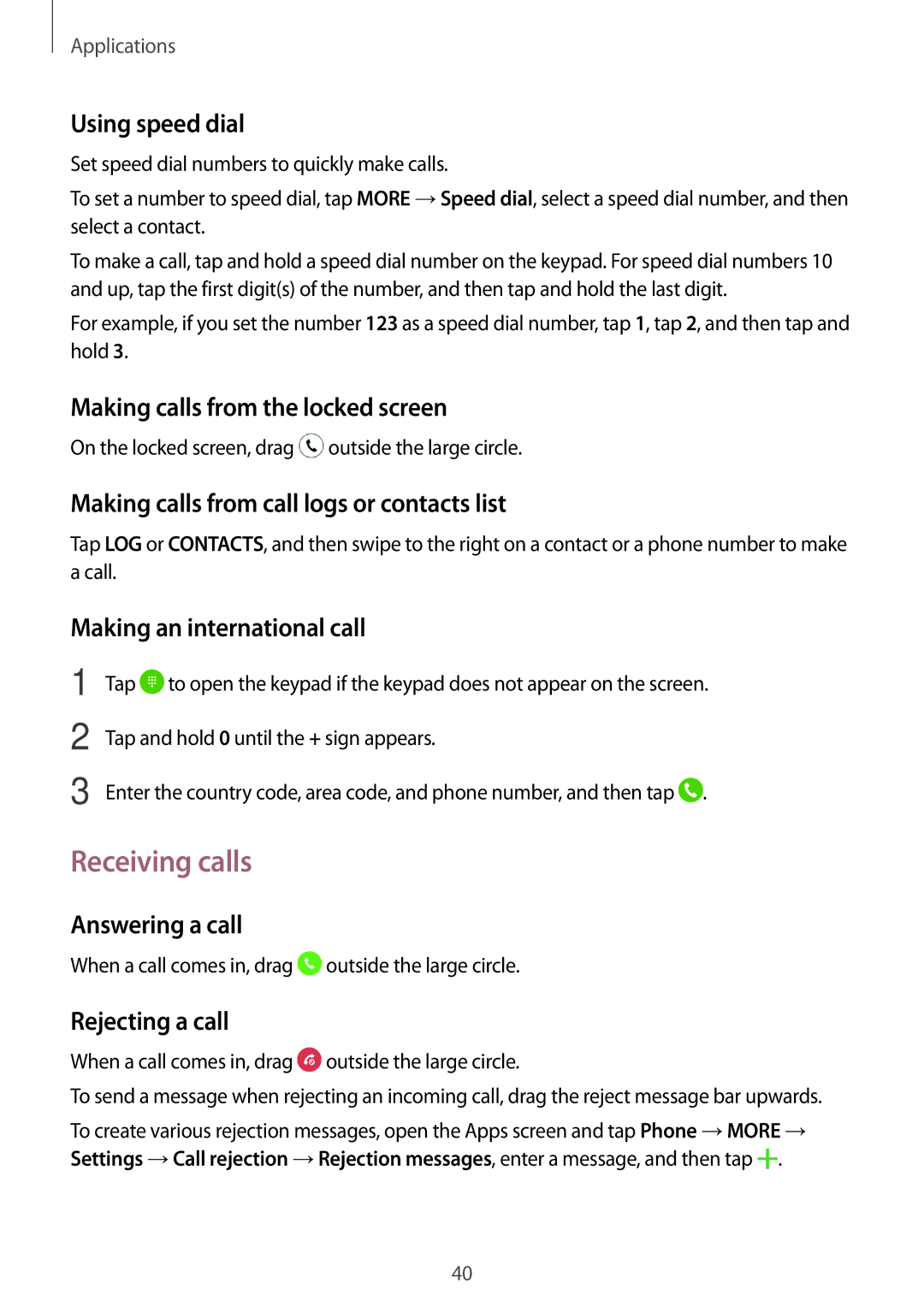 Samsung SM-T285NZWAXXV, SM-T285NZSAKSA, SM-T285NZKAKSA, SM-T285NZWAKSA, SM-T285NZKAXXV, SM-T285NZKABGL manual Receiving calls 