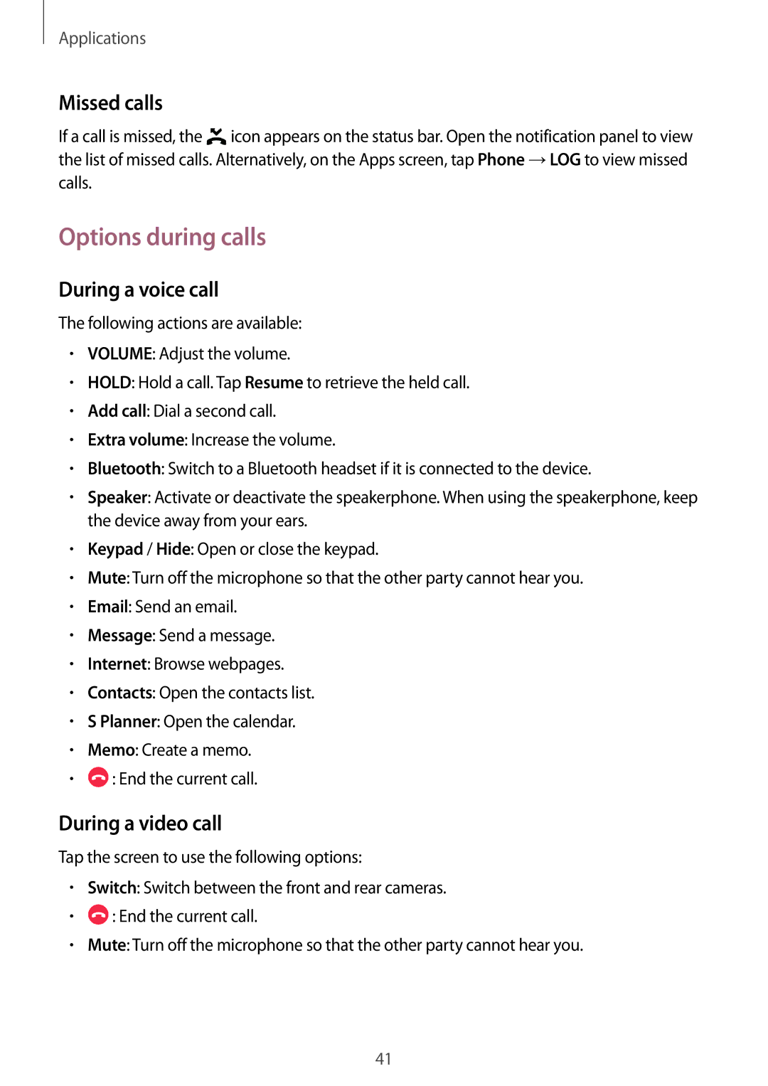 Samsung SM-T285NZKABGL, SM-T285NZSAKSA manual Options during calls, Missed calls, During a voice call, During a video call 