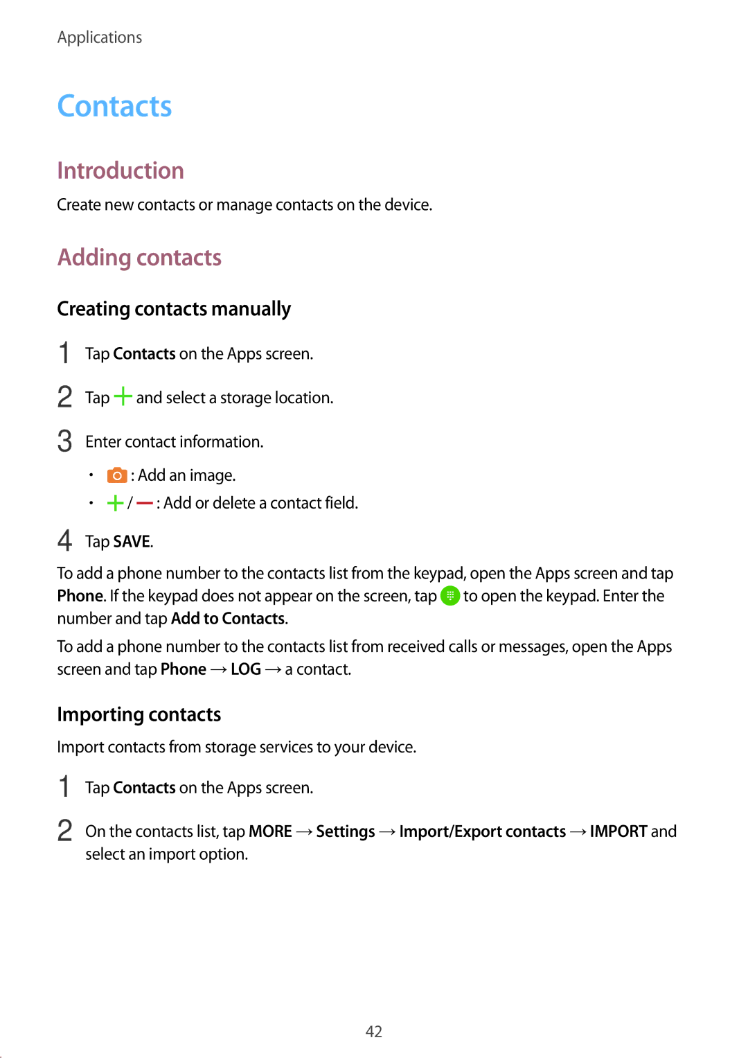 Samsung SM-T285NZSAKSA, SM-T285NZKAKSA Contacts, Adding contacts, Creating contacts manually, Importing contacts 